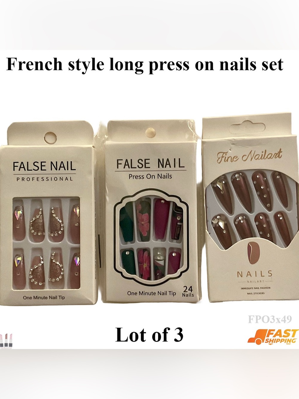 French style long press on nails set lot of 3
